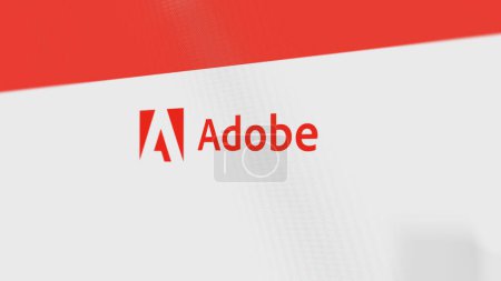 Foto de 28 de julio de 2023 San José, California. El logotipo de Adobe Inc. en una pared blanca de pantallas. Marca Adobe Inc en un dispositivo. - Imagen libre de derechos