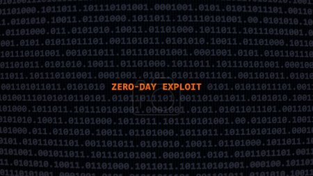 Foto de Explosión cibernética de día cero. Texto de vulnerabilidad en estilo de arte ascii sistema binario, código en la pantalla del editor. - Imagen libre de derechos
