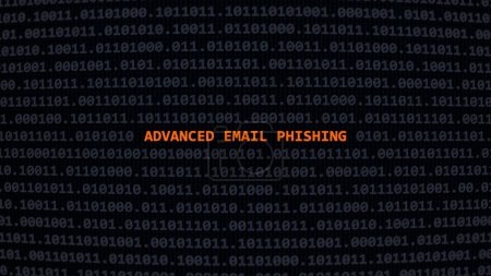 Cyber attack advanced email phishing. Vulnerability text in binary system ascii art style, code on editor screen.