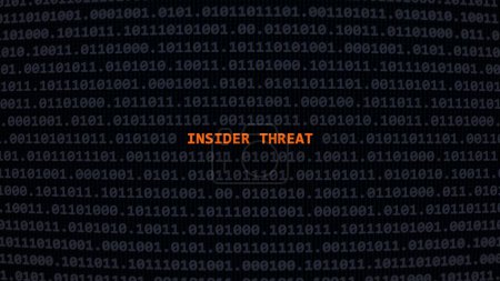 Cyber attack insider threat. Vulnerability text in binary system ascii art style, code on editor screen.
