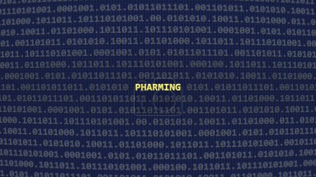 Cyber attack pharming. Vulnerability text in binary system ascii art style, code on editor screen. Text in English, English text