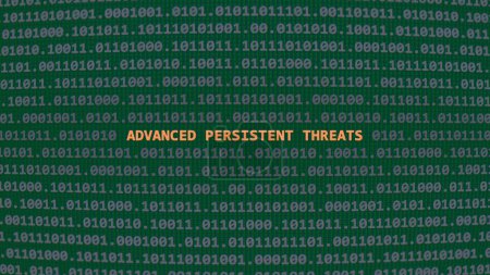 Cyber ataque avanzado amenazas persistentes. Texto de vulnerabilidad en estilo de arte ascii sistema binario, código en la pantalla del editor. Texto en inglés, texto en inglés