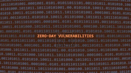 Cyber attack zero-day vulnerabilities. Vulnerability text in binary system ascii art style, code on editor screen. Text in English, English text