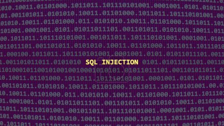 Cyber attack sql injection. Vulnerability text in binary system ascii art style, code on editor screen. Text in English, English text