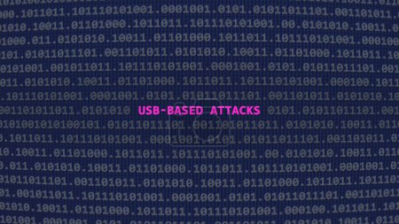 Cyber attack usb-based attacks. Vulnerability text in binary system ascii art style, code on editor screen. Text in English, English text