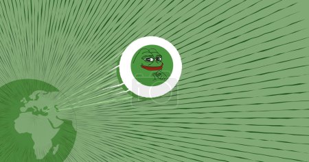 Photo for August 05th 2023. A coin Pepe  goes to the moon, the crypto $PEPE broke out above the limit, PEPE and climbs above the price. - Royalty Free Image