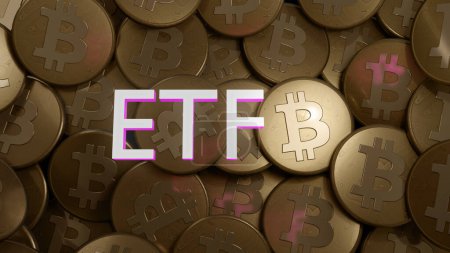 Photo for Focus on ETF acronym above numerous BTC coins, bitcoin etf 3D illustration. - Royalty Free Image