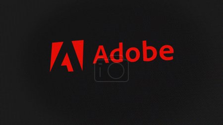 Foto de 07 Septiembre 2023 San José, California. El logotipo de Adobe Inc. en una pared blanca de pantallas. Marca Adobe Inc en un dispositivo. - Imagen libre de derechos