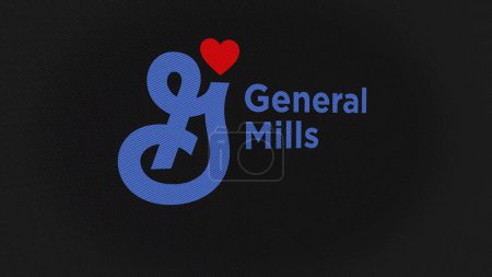 Foto de 07th September 2023 Golden Valley, Minnesota. El logotipo de General Mills en una pared blanca de pantallas. Marca General Mills en un dispositivo. - Imagen libre de derechos