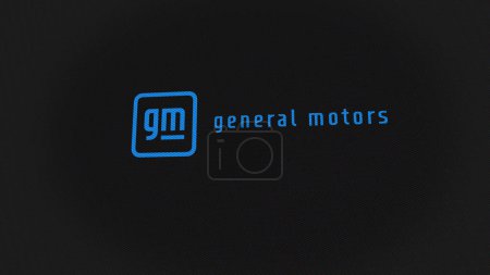 Foto de 07 Septiembre 2023 Detroit, Michigan. El logotipo de General Motors en una pared blanca de pantallas. Marca General Motors en un dispositivo. - Imagen libre de derechos