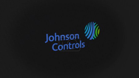 Photo for 07th September 2023 Cork, Ireland. The logo of Johnson Controls on a white wall of screens. Johnson Controls brand on a device. - Royalty Free Image