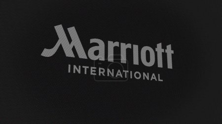 Téléchargez les photos : 07 septembre 2023 Bethesda, Maryland. Le logo de Marriott International sur un mur blanc d'écrans. Marque Marriott International sur un appareil. - en image libre de droit