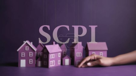 Photo for SCPI acronym text on the first plan. An hand moving a purple house model on a purple background. Real Estate Investment Trusts in France. Translation of French: REITs - Royalty Free Image