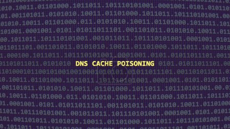 Cyber attack dns cache poisoning. Vulnerability text in binary system ascii art style, code on editor screen. Text in English, English text