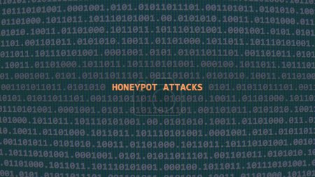 Cyber attack honeypot attacks. Vulnerability text in binary system ascii art style, code on editor screen. Text in English, English text
