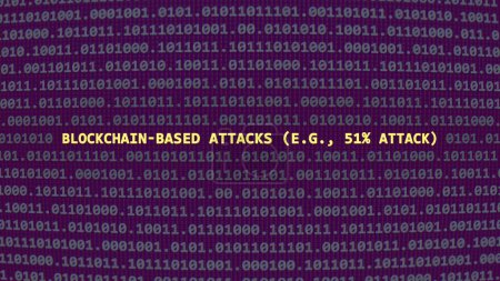 Foto de Ataques basados en blockchain de ataques cibernéticos (por ejemplo, 51% de ataque). Texto de vulnerabilidad en estilo de arte ascii sistema binario, código en la pantalla del editor. Texto en inglés, texto en inglés - Imagen libre de derechos