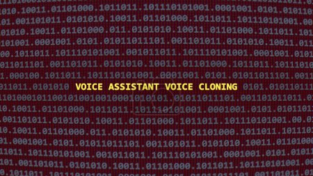 Cyber attack voice assistant voice cloning. Vulnerability text in binary system ascii art style, code on editor screen. Text in English, English text