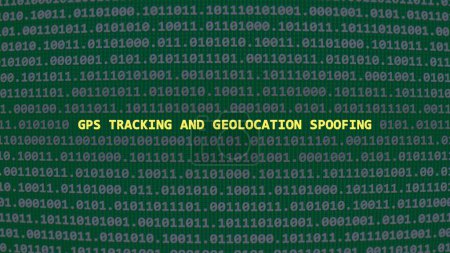 Foto de Seguimiento de GPS de ataque cibernético y suplantación de geolocalización. Texto de vulnerabilidad en estilo de arte ascii sistema binario, código en la pantalla del editor. Texto en inglés, texto en inglés - Imagen libre de derechos