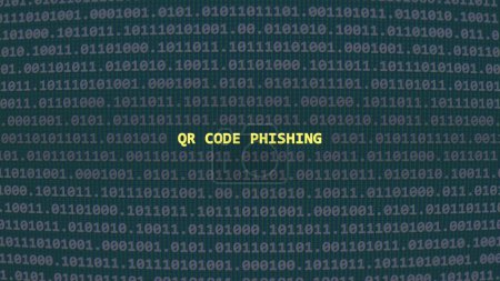 Cyber attack qr code phishing. Vulnerability text in binary system ascii art style, code on editor screen. Text in English, English text