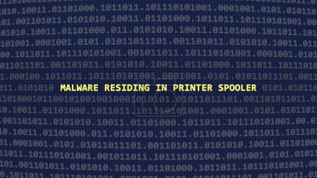 Photo for Cyber attack malware residing in printer spooler. Vulnerability text in binary system ascii art style, code on editor screen. Text in English, English text - Royalty Free Image