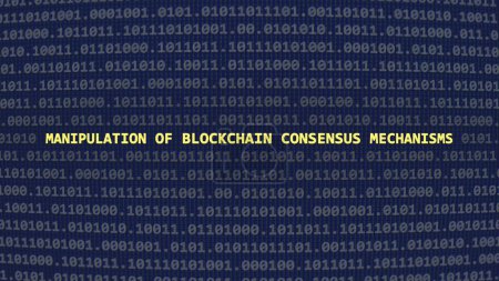 Téléchargez les photos : Cyberattaque manipulation des mécanismes de consensus blockchain. Texte de vulnérabilité dans un style d'art ascii système binaire, code à l'écran de l'éditeur. Texte en anglais, texte en anglais - en image libre de droit