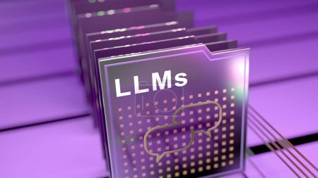 Carpetas digitales en un micro univers tecnológico, en primer plano una carpeta titulada LLMs (modelos de lenguaje grande) con un icono de conversación.