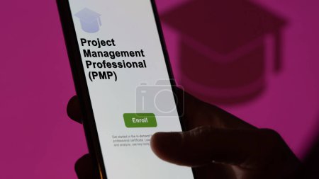 A student enrolls in courses to study project management professional (pmp) program, learn new skill and pass certification, on a phone. Text in English, English text.