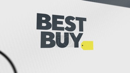 Photo for The logo of Best Buy on a white wall of screens. Best Buy brand on a device. - Royalty Free Image