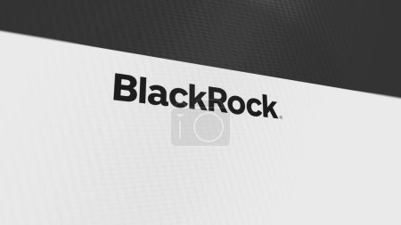 Téléchargez les photos : Le logo de BlackRock sur un mur blanc d'écrans. Marque BlackRock sur un appareil. - en image libre de droit