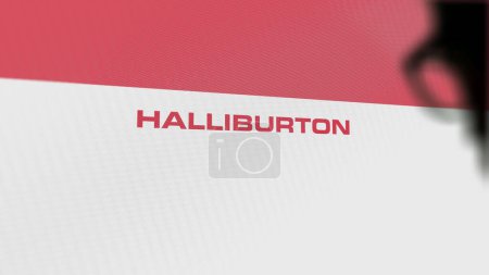 Foto de El logotipo de Halliburton en una pared blanca de pantallas. Marca Halliburton en un dispositivo. - Imagen libre de derechos