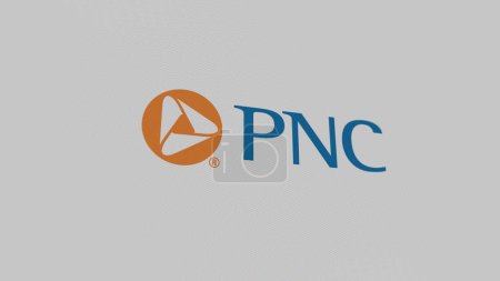 Téléchargez les photos : Le logo de PNC Financial Services sur un mur blanc d'écrans. Marque PNC Financial Services sur un appareil. - en image libre de droit