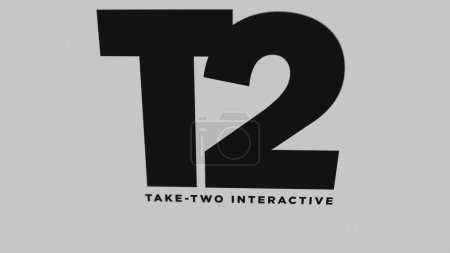 Photo for The logo of Take-Two Interactive on a white wall of screens. Take-Two Interactive brand on a device. - Royalty Free Image