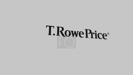 Photo for The logo of T. Rowe Price on a white wall of screens. T  Rowe Price brand on a device. - Royalty Free Image