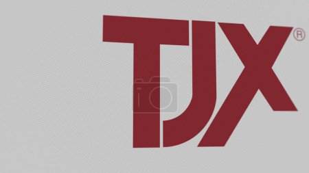 Foto de El logo de TJX Companies en una pared blanca de pantallas. Marca TJX Companies en un dispositivo. - Imagen libre de derechos