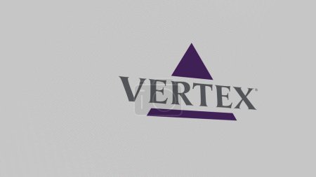 Foto de El logotipo de Vertex Pharmaceuticals en una pared blanca de pantallas. Marca Vertex Pharmaceuticals en un dispositivo. - Imagen libre de derechos