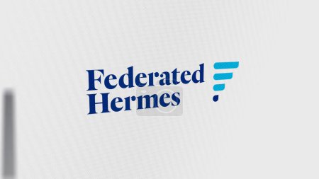Téléchargez les photos : Le logo de Federated Hermes sur un écran géant blanc, la marque Federated Hermes sur un appareil. - en image libre de droit