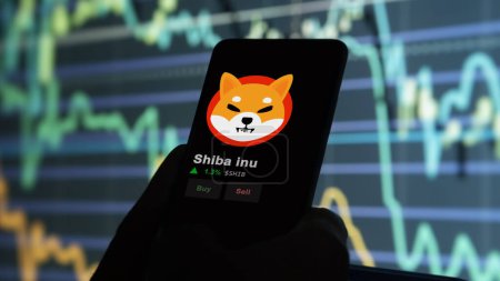 Photo for November 24th 2023. An investor analyzing the price of shiba inu on a phone, the token coin $SHIB on a crypto exchange sreen. - Royalty Free Image