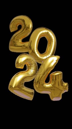 Photo for 3D illustration of 2024 number shaped balloons. Gold balloons in shape of 2,0,2 and 4, isolated on black background. Mobile and social media vertical format. - Royalty Free Image