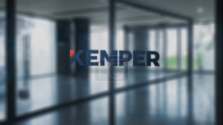 Photo for November 20th 2023. The logo of Kemper on a hall's window in a business district.. - Royalty Free Image
