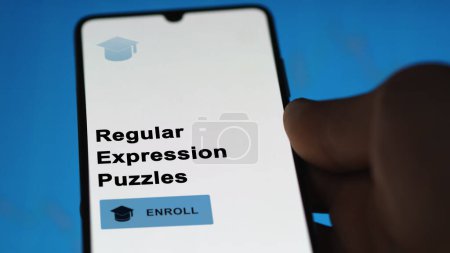 Photo for January 03th 2024. Student enrolls to Regular Expression Puzzles program on a phone, upskilling certification by e-learning - Royalty Free Image