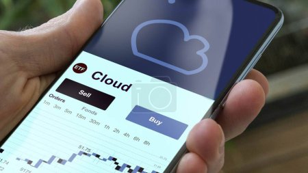 Exchange-traded fund chart, invest in stock market data on smartphone of cloud. Business analysis of a trend. Investing in international funds. Buying blue chips cloud computing strategic ETF