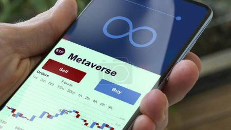 Exchange-traded fund chart, invest in stock market data on smartphone of metaverse. Business analysis of a trend. Investing in international funds. Buying blue chips metavers strategic ETF