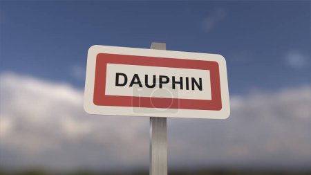 Téléchargez les photos : Un panneau à l'entrée de la ville de Dauphin, signe de la ville de Dauphin. Entrée d'une ville des Alpes-de-Haute-Provence. - en image libre de droit