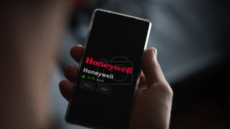 January 15th 2024. The logo of Honeywell on the screen of an exchange. Honeywell price stocks, $HON on a device.