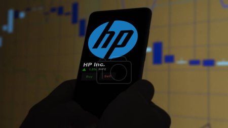 January 15th 2024. The logo of HP Inc. on the screen of an exchange. HP Inc  price stocks, $HPQ on a device.