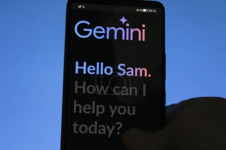 Photo for February 22th 2024, A student open Gemini on his phone. Google Bard Gemini web app on a screen. - Royalty Free Image
