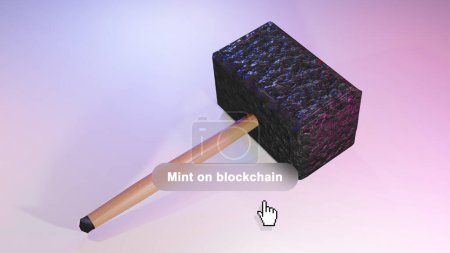 Dummy-Videospiel, ein Spieler prägt eine NFT-Waffe Hammer auf Blockchain.