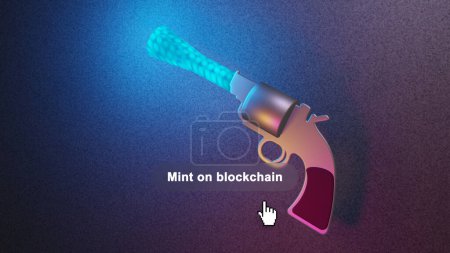Dummy-Videospiel, ein Spieler prägt eine NFT-Waffe auf Blockchain.