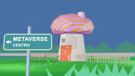 Illustration of an invest in WEB3 a tokenized land, a virtual plot, decentralized reals in the metaverse. Real estate NFT investment token in virtual world. Tokenized land on a marketplace web 3, web3 housing. Spanish, Italian or Portugese language.
