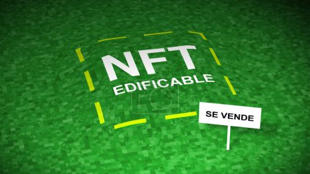 Illustration of an invest in WEB3 a tokenized land, a virtual plot, decentralized reals in the metaverse. Real estate NFT investment token in virtual world. Tokenized land investment on a marketplace web 3, web3 housing. Spanish text.
